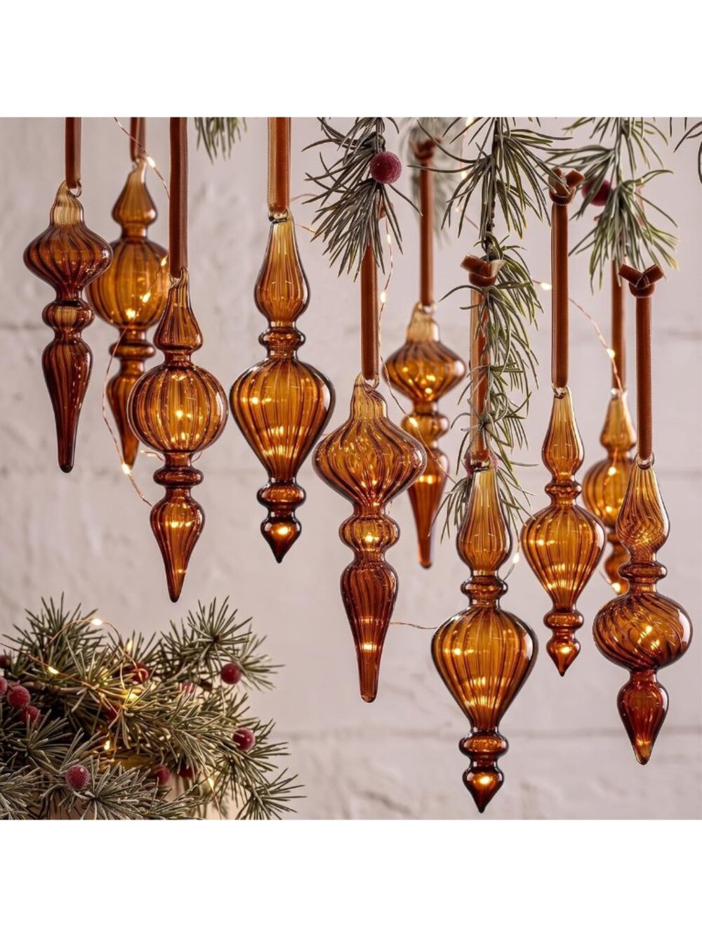 12 Vintage Glass Finial Christmas Ornaments Set - Dark Brown Holiday Decor